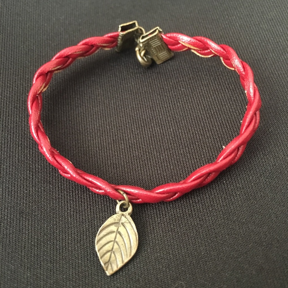 Red Braided Leather Bracelet w/ Leaf Feather Charm